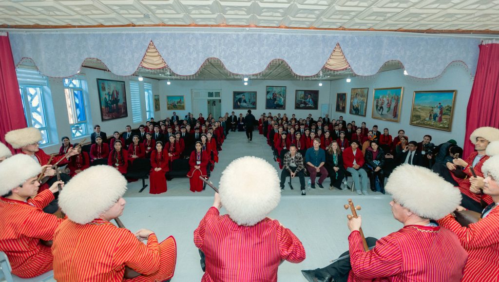 Dutar players at the Balkan Velayat School of the Arts in Turkmenistan view from the stage