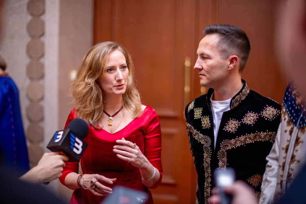 Kate Bass and Richie Robot Steighner giving interviews at the Makam Palace in Ashgabat Turkmenistan